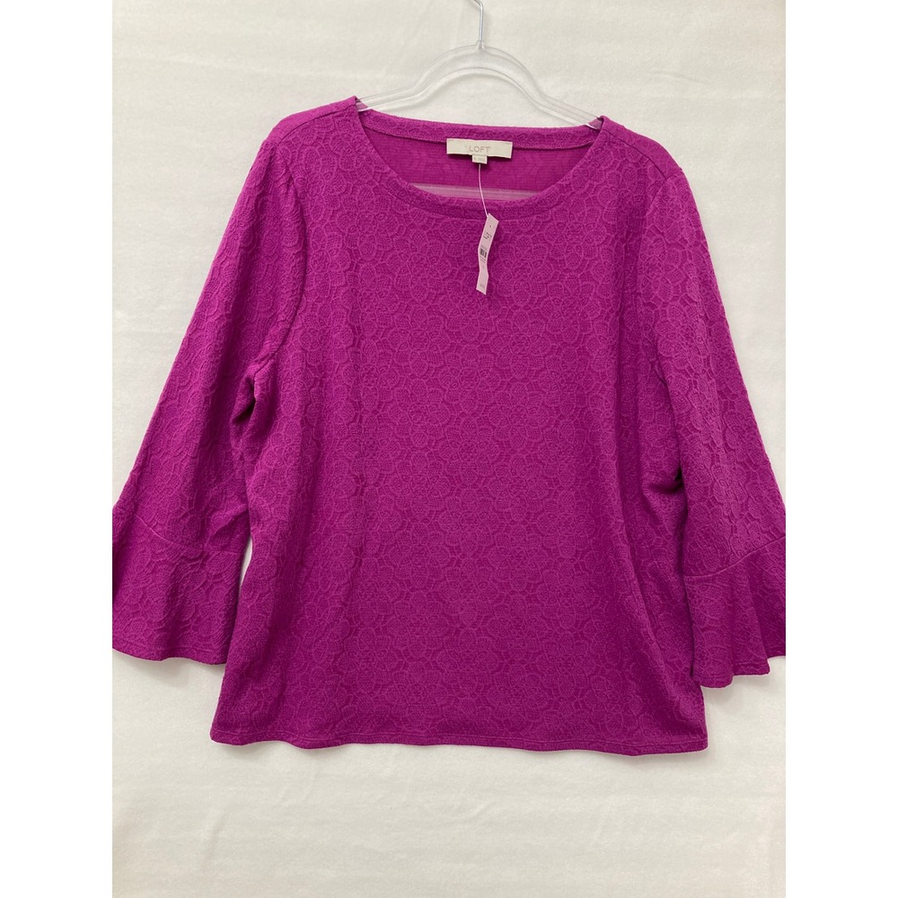 NWT LOFT Blouse Size XL Purple Floral Bell Sleeve Lace Knit Jacquard Crew Neck